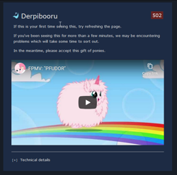 Size: 650x644 | Tagged: safe, oc, oc:fluffle puff, cursor, derpibooru, error message, meta, pink fluffy unicorns dancing on rainbows, play button, rainbow, song, youtube