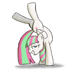 Size: 1280x1280 | Tagged: safe, artist:scherzo, blossomforth, pony, backbend, contortion, contortionist, female, flexible, looking at you, mare, simple background, smiling, solo, that pony sure is flexible, white background