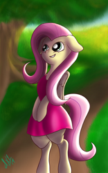 Size: 800x1280 | Tagged: safe, artist:derpx1, fluttershy, pegasus, pony, semi-anthro, bipedal, clothes, female, solo, tree