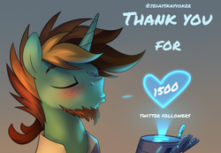 Size: 2805x1943 | Tagged: safe, artist:jedayskayvoker, oc, oc:glow speed, alicorn, alicorn oc, anniversary, eyes closed, facial hair, horn, meta, text, twitter, wings