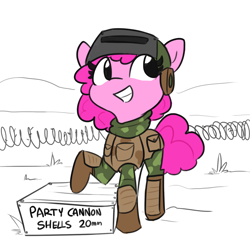 Size: 1280x1280 | Tagged: safe, artist:tjpones, pinkie pie, earth pony, pony, barbed wire, boots, clothes, cute, female, mare, military uniform, partillery, raised hoof, shoes, smiling, soldier, solo