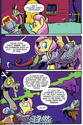 Size: 553x830 | Tagged: safe, artist:andypriceart, idw, discord, fluttershy, draconequus, pegasus, pony, spoiler:comic, spoiler:comic75, bubble wrap, comic, discord's house, duo, female, floating island, male, mare, official comic, speech bubble, the discord zone