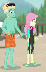 Size: 410x634 | Tagged: safe, screencap, fluttershy, zephyr breeze, blue crushed, equestria girls, equestria girls series, arms, bare chest, barefoot, clothes, cropped, feet, flip-flops, male, male feet, sandals, shorts, sunglasses, swimming trunks, toes, wetsuit, zephyr's necklace