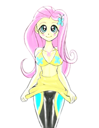 Size: 595x766 | Tagged: safe, artist:zimoguri, fluttershy, equestria girls, adorasexy, bikini, breasts, clothes, cute, female, geode of fauna, hootershy, looking at you, magical geodes, pixiv, sexy, shyabetes, simple background, smiling, solo, swimsuit, undressing, wetsuit, white background, yellow swimsuit