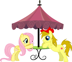 Size: 1875x1610 | Tagged: safe, artist:chipmagnum, fluttershy, oc, earth pony, pegasus, pony, canon x oc, female, male, simple background, stallion, straight, table, transparent background, umbrella