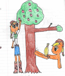 Size: 613x713 | Tagged: safe, artist:nightshadowmlp, applejack, pony, equestria girls, anatomically incorrect, apple, apple tree, food, human ponidox, incorrect leg anatomy, kicking, lined paper, self ponidox, traditional art, tree, tree branch