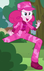 Size: 417x674 | Tagged: safe, screencap, pinkie pie, equestria girls, friendship games, pinkie spy (short), camouflage, jazz hands, long legs, outfit catalog, solo