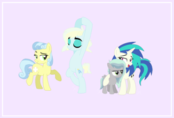 Size: 1024x694 | Tagged: safe, artist:fidgett-foott, dj pon-3, nurse coldheart, nurse snowheart, vinyl scratch, oc, oc:shining star, oc:stunt double, pony, unicorn, coldvinyl, crack shipping, female, lesbian, magical lesbian spawn, offspring, parent:nurse coldheart, parent:vinyl scratch, parents:coldvinyl, shipping