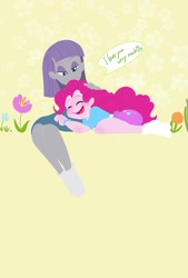 Size: 809x1200 | Tagged: safe, artist:horatio_kun, maud pie, pinkie pie, equestria girls, clothes, cute, dialogue, diapinkes, duo, eyes closed, female, flower, hand on head, maudabetes, missing shoes, sisterly love, sisters, skirt, smiling, socks, speech bubble, when she smiles