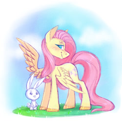 Size: 1024x1024 | Tagged: safe, artist:pinipy, angel bunny, fluttershy, pegasus, pony, rabbit, blushing, colored pupils, cute, female, gradient background, grass, lidded eyes, looking at you, mare, shading, shyabetes, simple, sketchy, smiling, spread wings, wings