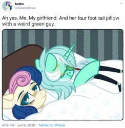 Size: 1881x1927 | Tagged: safe, artist:n in a, bon bon, lyra heartstrings, sweetie drops, oc, oc:anon, earth pony, human, pony, unicorn, ah yes me my girlfriend and her x, bed, blanket, body pillow, bon bon is not amused, eyes closed, female, hug, human male, humie, lesbian, lyra doing lyra things, lyrabon, male, mare, meta, pillow, pillow hug, shipping, sleeping, text, that pony sure does love humans, twitter, unamused, wife and wife