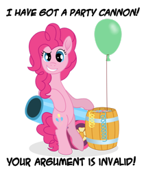 Size: 820x974 | Tagged: safe, artist:malte279, pinkie pie, pony, balloon, confetti, grin, party cannon, simple background, smiling, smug, transparent background, vector, your argument is invalid