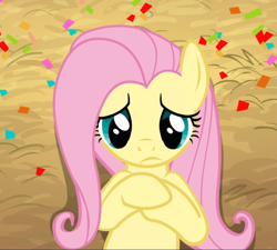 Size: 931x839 | Tagged: safe, screencap, fluttershy, pegasus, pony, the last roundup, cropped, female, hooves to the chest, lying down, mare, solo