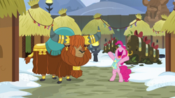 Size: 1280x720 | Tagged: safe, screencap, pinkie pie, prince rutherford, earth pony, pony, yak, best gift ever, cloven hooves, duo, ear piercing, earring, female, hair over eyes, horn ring, jewelry, male, mare, moss pile, piercing, rearing, yakyakistan