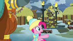 Size: 1280x720 | Tagged: safe, screencap, pinkie pie, prince rutherford, earth pony, pony, yak, best gift ever, clothes, ear piercing, earring, female, hat, horn ring, jewelry, male, mare, piercing, scarf, yakyakistan