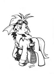 Size: 243x330 | Tagged: safe, artist:clear skies, artist:latecustomer, kelpie, babscon, black and white, goggles, grayscale, inked, mechanic, monochrome, mouth hold, roan rpg, screwdriver, simple background, solo, traditional art, white background