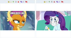 Size: 1210x653 | Tagged: safe, edit, edited screencap, screencap, rarity, smolder, dragon, human, equestria girls, what lies beneath, spoiler:eqg specials, caption, captions, derpibooru, female, image macro, juxtaposition, juxtaposition win, meme, meta, text