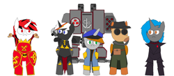 Size: 1458x640 | Tagged: safe, artist:infinita est lux solis, oc, oc only, oc:blackjack, oc:calamity, oc:homage, oc:littlepip, oc:steelhooves, oc:velvet remedy, pegasus, pony, unicorn, fallout equestria, adepta sororitas, chaos space marine, commissar, cowboy hat, dark eldar, death korps of krieg, dreadnought, fanfic, fanfic art, female, hat, hooves, horn, male, mare, ms paint, simple background, stallion, warhammer (game), warhammer 40k, white background, wings