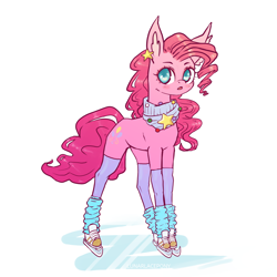 Size: 1200x1200 | Tagged: safe, artist:lunarlacepony, pinkie pie, earth pony, pony, blushing, clothes, ear piercing, earring, female, ice, ice skates, ice skating, jewelry, leg warmers, mare, open mouth, piercing, scarf, socks, solo, stars, tights