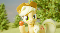 Size: 1024x576 | Tagged: safe, artist:dashyoshi, applejack, earth pony, pony, 3d, apple, food, solo