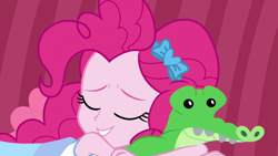 Size: 1920x1080 | Tagged: safe, screencap, gummy, pinkie pie, better together, equestria girls, pinkie sitting, bow, cuddling, cute, diapinkes, grin, hug, jewelry, plushie, sleeping, smiling, tiara