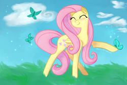 Size: 1800x1200 | Tagged: safe, artist:puddingskinmcgee, fluttershy, butterfly, pegasus, pony, cute, eyes closed, female, mare, shyabetes, smiling, solo