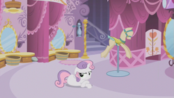 Size: 853x480 | Tagged: safe, screencap, sweetie belle, sisterhooves social, annoyed, carousel boutique, solo, sweetie belle is not amused