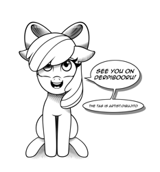 Size: 1026x1100 | Tagged: safe, artist:dibujito, apple bloom, earth pony, pony, adorabloom, bow, cute, derpibooru, dialogue, female, filly, manga style, meta, monochrome, sitting, smiling at you, solo, speech bubble