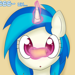 Size: 1280x1280 | Tagged: safe, artist:erthilo, dj pon-3, vinyl scratch, pony, unicorn, :o, ask, ask octavia, bust, colored pupils, cross-eyed, cute, eeee, female, looking at something, magic, magic aura, mare, open mouth, paper, portrait, reading, reflection, simple background, solo, text, tumblr, vinylbetes, yellow background