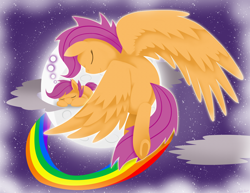 Size: 2000x1541 | Tagged: safe, artist:vavacung, scootaloo, cloud, cloudy, moon, rainbow, underhoof