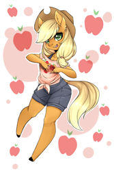 Size: 1750x2625 | Tagged: safe, artist:misshammer, applejack, anthro, unguligrade anthro, clothes, female, hat, heart hands, solo