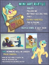 Size: 1600x2124 | Tagged: safe, artist:helmie-art, oc, oc:karoline skies, bat pony, earth pony, pegasus, pony, abstract background, cute, female, giveaway, holding a sign, looking at you, meta, raffle, tongue out, twitter