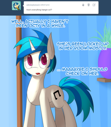 Size: 500x570 | Tagged: safe, artist:erthilo, dj pon-3, vinyl scratch, pony, ask, ask octavia, tumblr