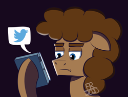 Size: 1687x1288 | Tagged: safe, artist:feralroku, oc, oc only, oc:strong runner, earth pony, cellphone, floppy ears, frown, meta, phone, smartphone, solo, thick eyebrows, twitter, unamused