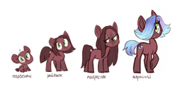 Size: 1280x662 | Tagged: safe, artist:kapusha-blr, oc, oc only, oc:beatrice, earth pony, pony, age progression, female, filly, foal, hair over one eye, looking at you, looking away, raised hoof, russian, simple background, smiling, solo, text, white background