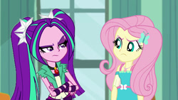 Size: 1920x1080 | Tagged: safe, artist:bigpurplemuppet99, edit, edited screencap, screencap, aria blaze, fluttershy, a little birdie told me, better together, equestria girls, angry, ariashy, female, flutterblaze, lesbian, shipping