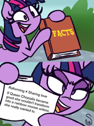 Size: 760x1015 | Tagged: safe, artist:quarium edits, edit, twilight sparkle, twilight sparkle (alicorn), alicorn, pony, 2 panel comic, comic, ed edd n eddy, exploitable, exploitable meme, female, fridge brilliance, image macro, implied changeling, implied chrysalis, implied reformation, mare, meme, meta, mind blown, open mouth, realization, solo, twilight's fact book