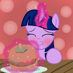 Size: 1235x1234 | Tagged: safe, artist:badumsquish, derpibooru exclusive, twilight sparkle, twilight sparkle (alicorn), alicorn, pony, abstract background, blushing, borgarposting, burger, derpibooru, eating, eyes closed, female, food, happy, looking up, magic, meat, meta, plate, ponies eating meat, show accurate, solo, telekinesis, that pony sure does love burgers, twilight burgkle