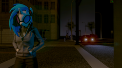 Size: 3840x2160 | Tagged: safe, artist:helioseusebio, dj pon-3, vinyl scratch, anthro, 3d, car, clothes, eyes closed, headphones, hoodie, night, source filmmaker, street