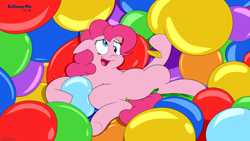 Size: 3840x2160 | Tagged: safe, artist:rupertbluefox, pinkie pie, pony, 4k, balloon, belly, blowing up balloons, colourful, derp, exhausted, featureless crotch, needs more saturation, on back, out of breath, solo