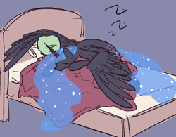Size: 1243x968 | Tagged: safe, artist:nobody, nightmare moon, oc, oc:anon, alicorn, human, pony, bed, cuddling, cute, eyes closed, female, gray background, hug, human on pony snuggling, mare, missing accessory, moonabetes, nicemare moon, prone, simple background, sleeping, snuggling, spread wings, winghug, zzz