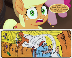 Size: 660x528 | Tagged: safe, edit, edited screencap, screencap, applejack, applejack (g1), pinkie pie, earth pony, human, pony, comic:applejack's amazing adventure, comic:my little pony (g1), g1, g4, my little pony: the movie, beware the nice ones, chasm, cropped, falling, female, gem, imminent death, implied verko, jewel wizard, male, mare, mythology gag, slavery, solo focus, speech bubble, text, wizard