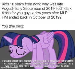 Size: 1200x1105 | Tagged: safe, edit, edited screencap, screencap, twilight sparkle, twilight sparkle (alicorn), alicorn, pony, 4chan, argument in the comments, drama, gray background, mematic.net, meta, sad, simple background, solo, text