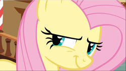 Size: 1668x941 | Tagged: safe, screencap, fluttershy, pegasus, pony, putting your hoof down, close-up, evil grin, female, grin, mare, narrowed eyes, smiling, smirk, solo