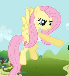 Size: 854x939 | Tagged: safe, screencap, fluttershy, pegasus, pony, putting your hoof down, cropped, female, fluttershy is not amused, flying, hooves on hips, mare, pointing, raised hoof, solo, spread wings, unamused, underhoof, wings