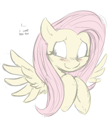 Size: 417x461 | Tagged: source needed, safe, artist:shoutingisfun, fluttershy, pegasus, pony, blushing, bust, cute, dialogue, embarrassed, female, hooves to the chest, i love you, looking away, love, mare, portrait, shyabetes, simple background, sketch, smiling, solo, spread wings, white background, wings