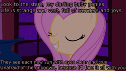 Size: 1280x720 | Tagged: safe, edit, edited screencap, screencap, fluttershy, pegasus, pony, stare master, caption, duck tales, duck tales 2017, hush now quiet now, image macro, solo, spoilers for another series, text