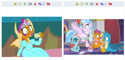 Size: 876x420 | Tagged: safe, gallus, ocellus, silverstream, smolder, changeling, dragon, griffon, she's all yak, uprooted, clothes, cute, derpibooru, dress, juxtaposition, meme, meta, shrunken pupils, smolderbetes, smolderception, um i can explain