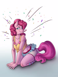 Size: 2772x3684 | Tagged: safe, artist:anadukune, pinkie pie, anthro, breasts, cleavage, clothes, female, midriff, smiling, socks, solo, striped socks