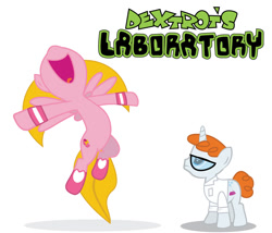 Size: 1131x967 | Tagged: safe, artist:cxfantasy, pegasus, pony, unicorn, clothes, crossover, dee dee, dexter, dexter's laboratory, lab coat, open mouth, ponified, simple background, smiling, vector, white background